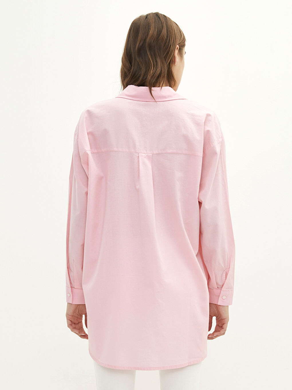 Pembe Önden Düğme Kapamalı Düz Uzun Kollu Poplin Kadın Gömlek-3