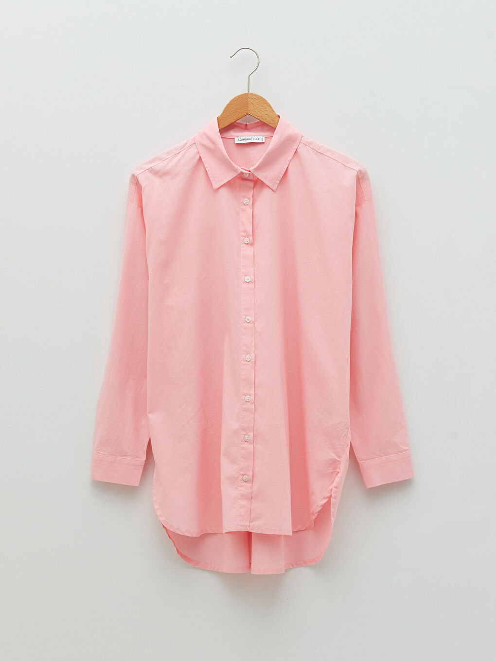 Pembe Önden Düğme Kapamalı Düz Uzun Kollu Poplin Kadın Gömlek-4