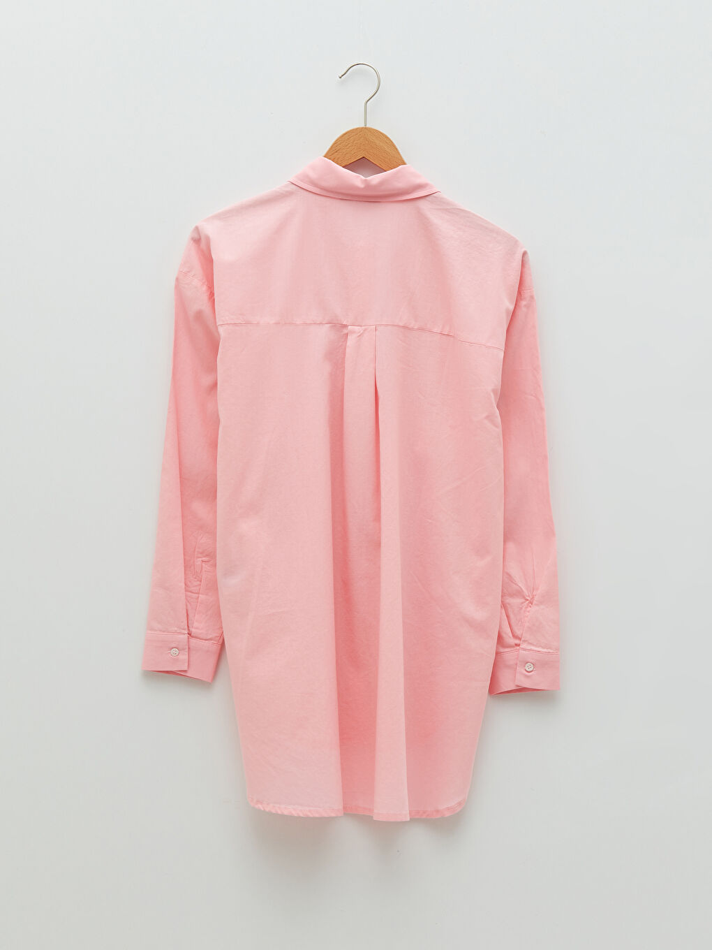 Pembe Önden Düğme Kapamalı Düz Uzun Kollu Poplin Kadın Gömlek-5
