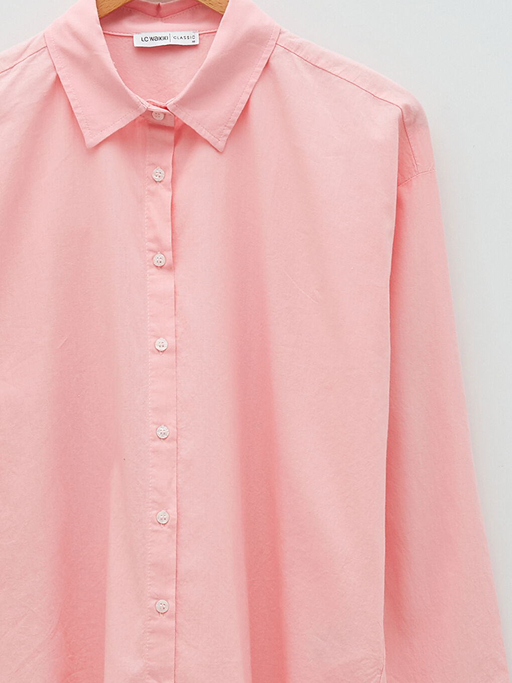 Pembe Önden Düğme Kapamalı Düz Uzun Kollu Poplin Kadın Gömlek-6