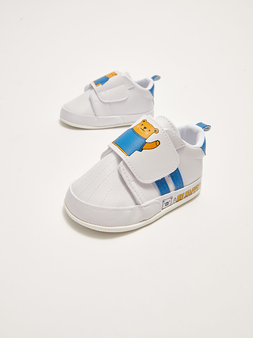 Beyaz Pamuk Astarlı Baskılı Cırt Cırtlı Erkek Bebek Yürüme Öncesi Ev Ayakkabısı-2