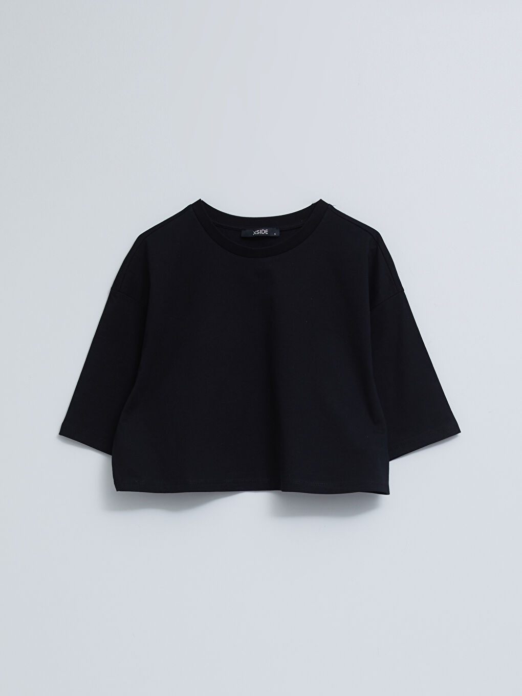 Siyah Bisiklet Yaka Düz Kısa Kollu Kadın Crop-5