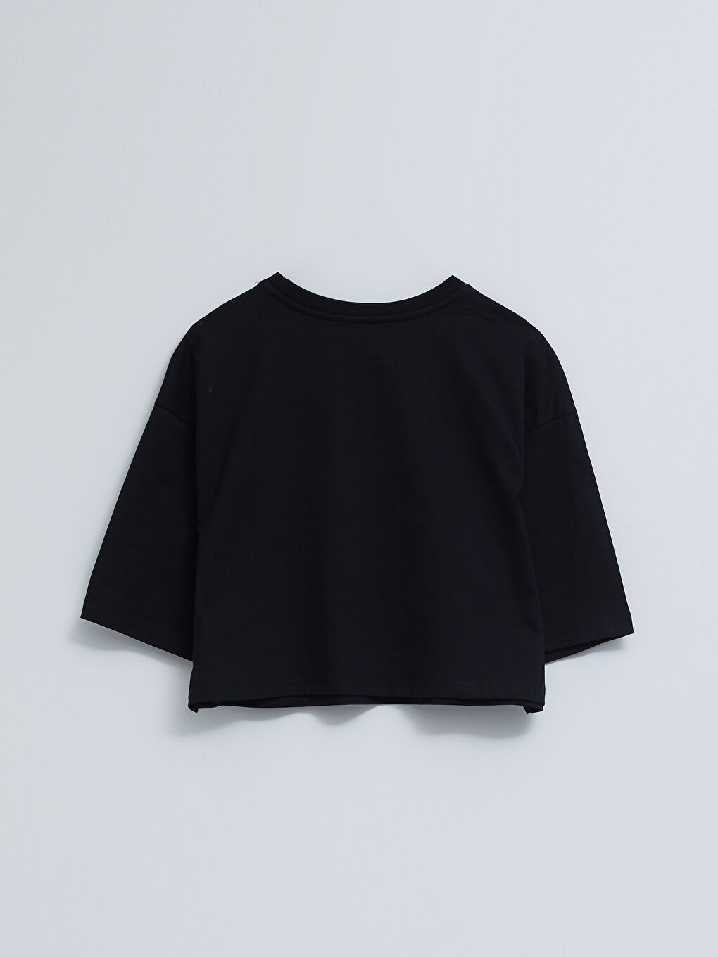 Siyah Bisiklet Yaka Düz Kısa Kollu Kadın Crop-6