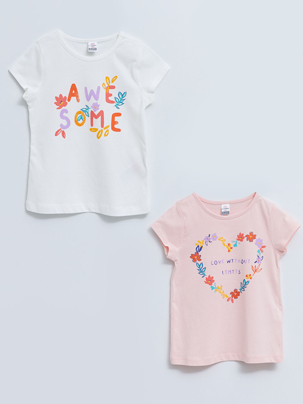 მრგვალი საყელო მოკლე სახელო ნაბეჭდი ბამბის გოგონას მაისური 2-შეკვრა