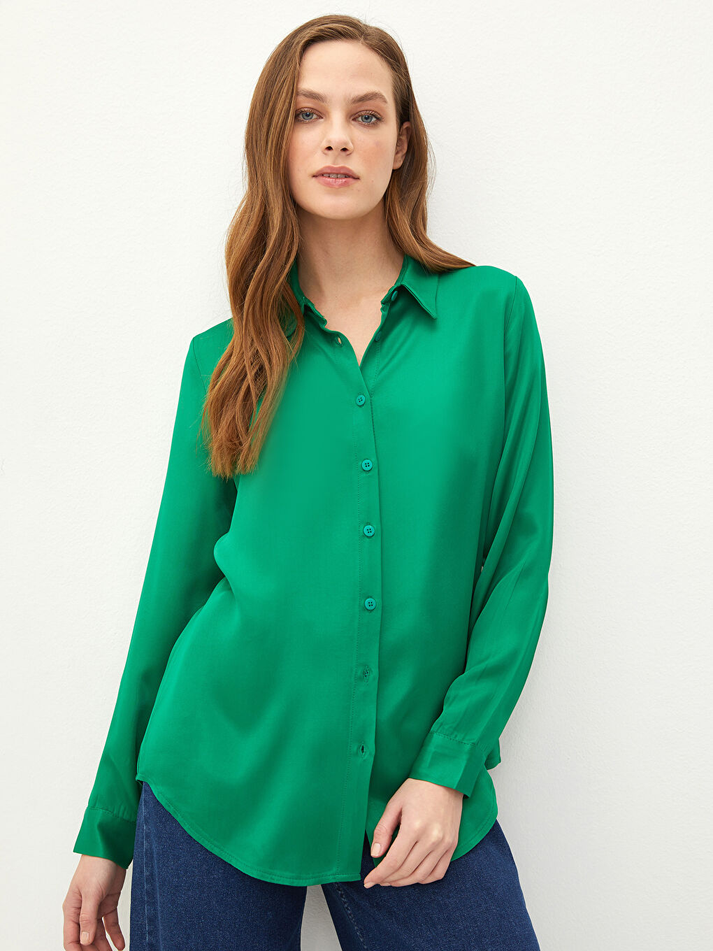 Front Button Closure Straight Long Sleeve Viscose Women's Shirt