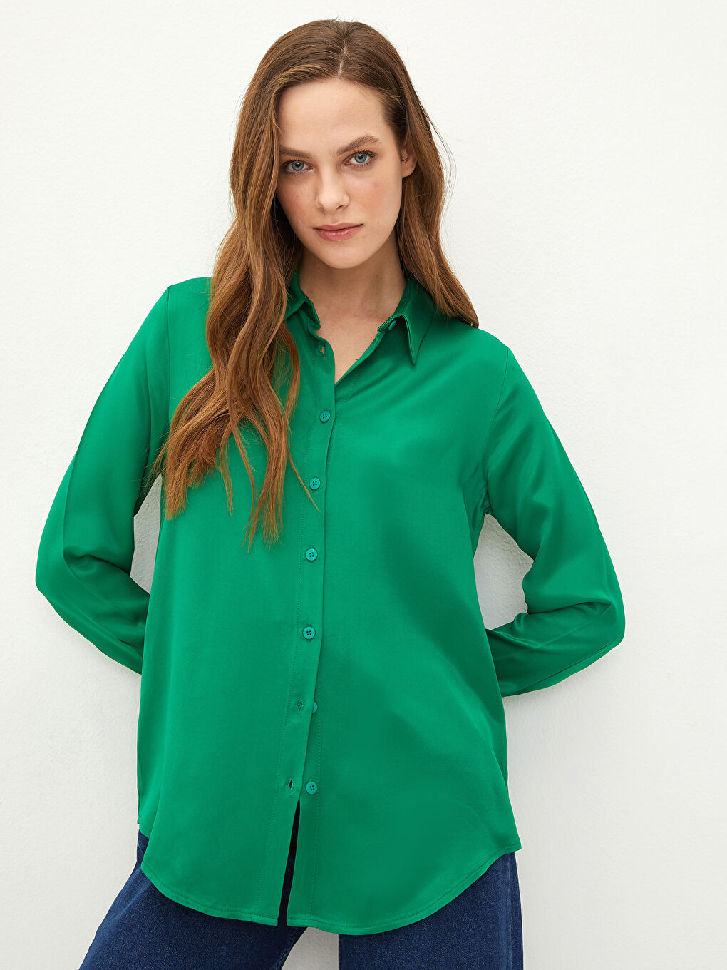 Front Button Closure Straight Long Sleeve Viscose Women's Shirt-1