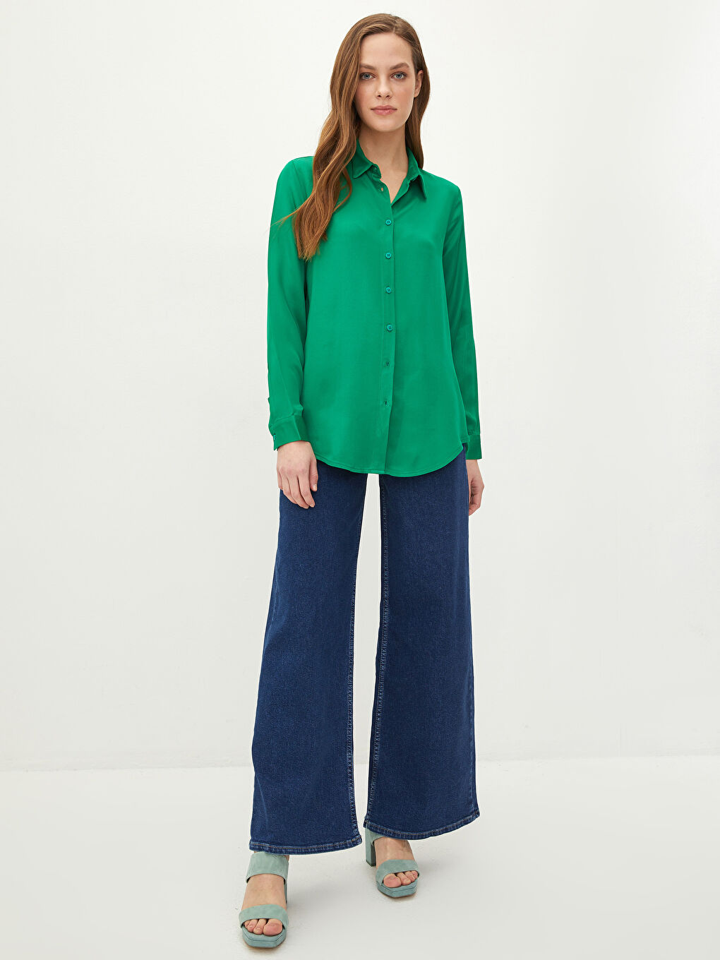 Front Button Closure Straight Long Sleeve Viscose Women's Shirt-2