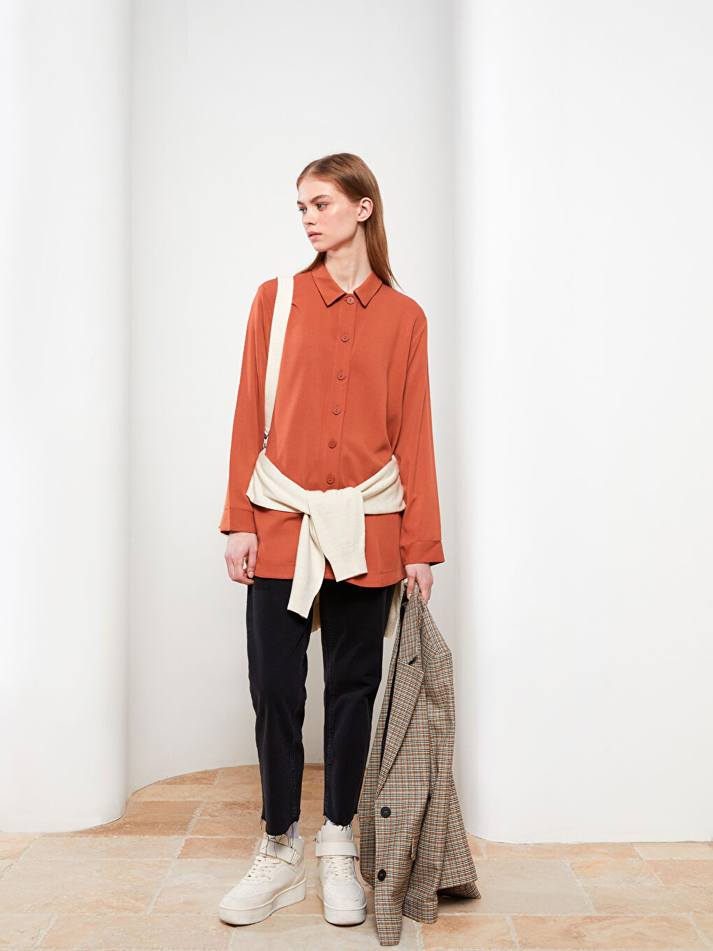 Plain Long Sleeve Oversize Viscose Women's Shirt Tunic