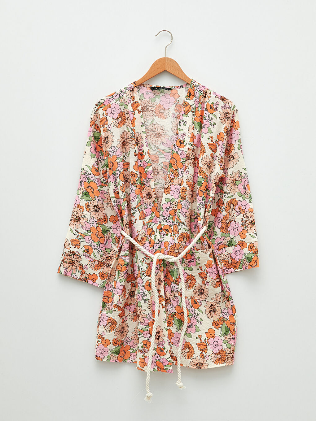 Ekru Kruvaze Yaka Çiçekli Uzun Kollu Oversize Kadın Kimono-7