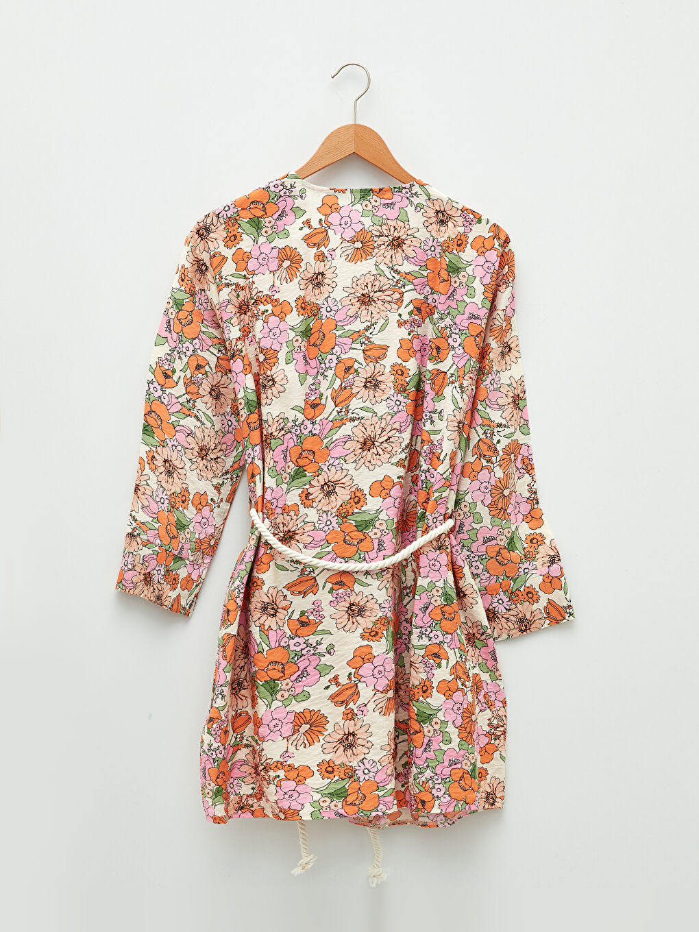 Ekru Kruvaze Yaka Çiçekli Uzun Kollu Oversize Kadın Kimono-8