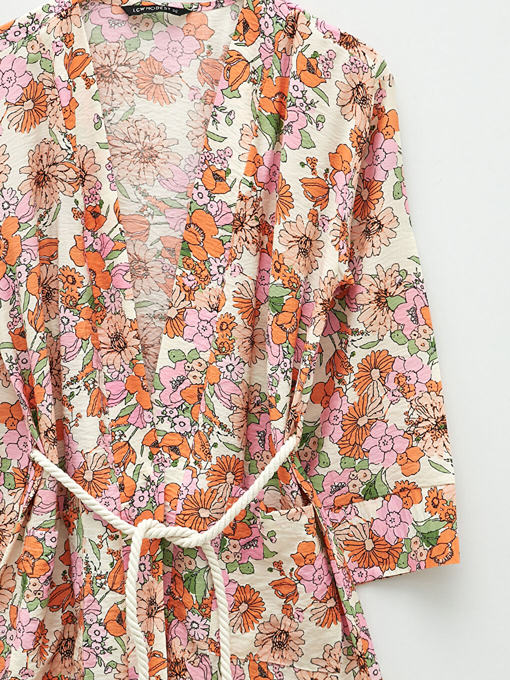 Ekru Kruvaze Yaka Çiçekli Uzun Kollu Oversize Kadın Kimono-9