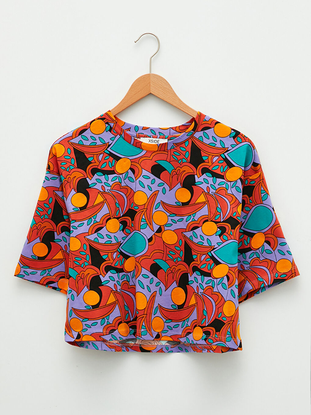 Turuncu Bisiklet Yaka Desenli Kısa Kollu Kadın Crop-5