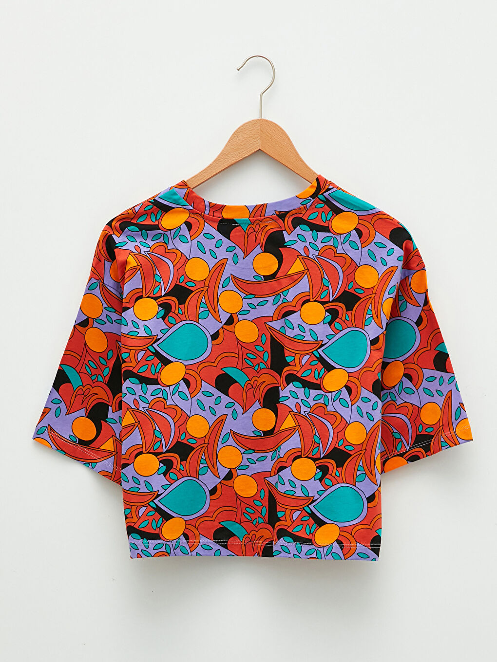 Turuncu Bisiklet Yaka Desenli Kısa Kollu Kadın Crop-6