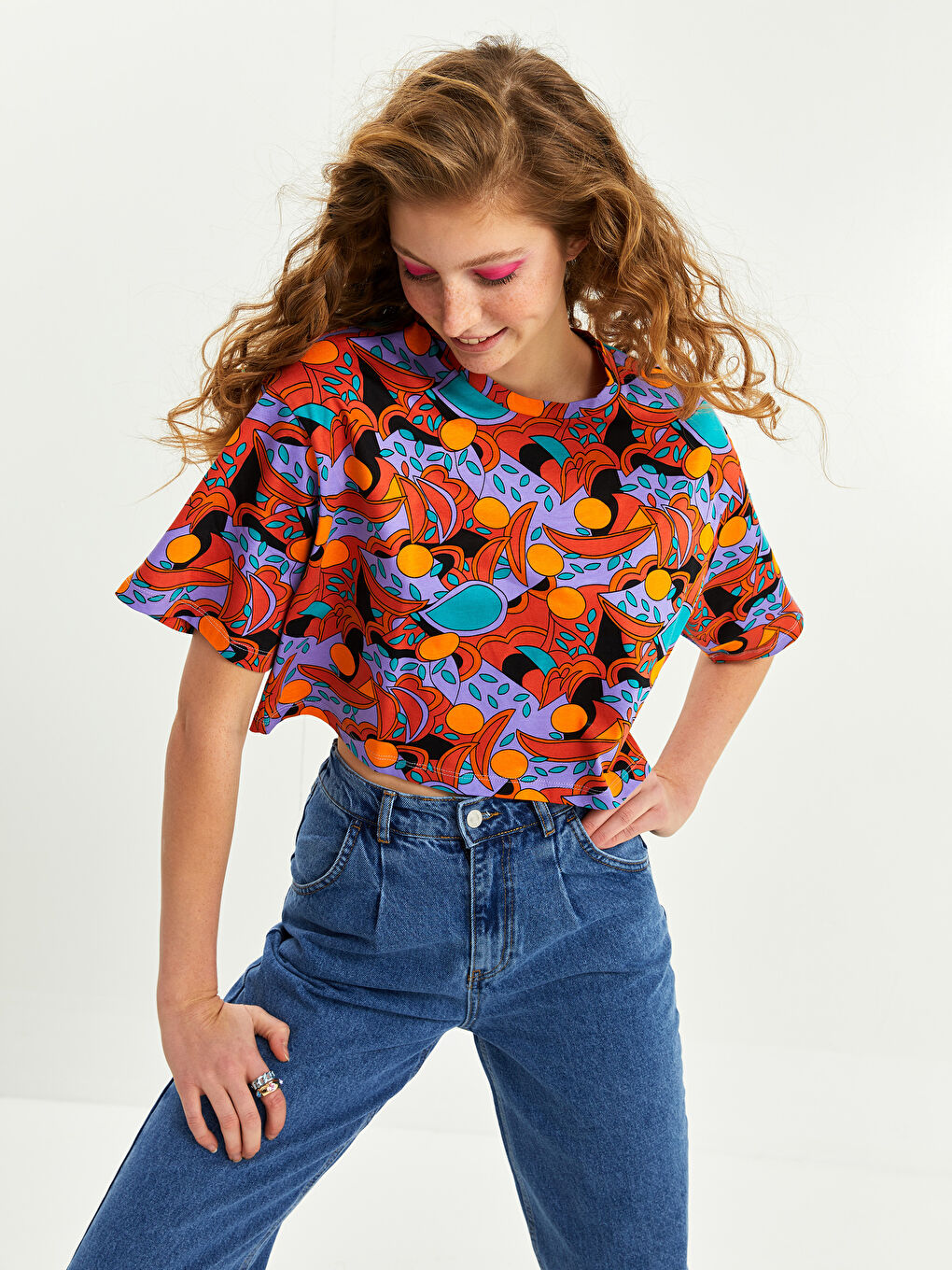 Turuncu Bisiklet Yaka Desenli Kısa Kollu Kadın Crop