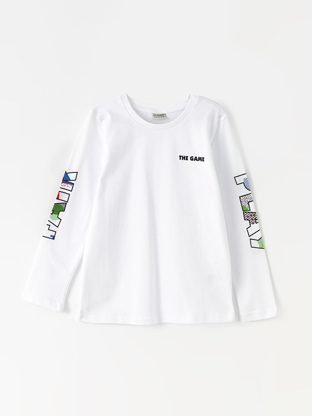 Beyaz Bisiklet Yaka Baskılı Uzun Kollu Pamuklu Erkek Çocuk Tişört