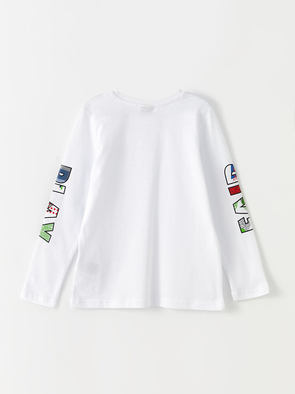 Beyaz Bisiklet Yaka Baskılı Uzun Kollu Pamuklu Erkek Çocuk Tişört-1