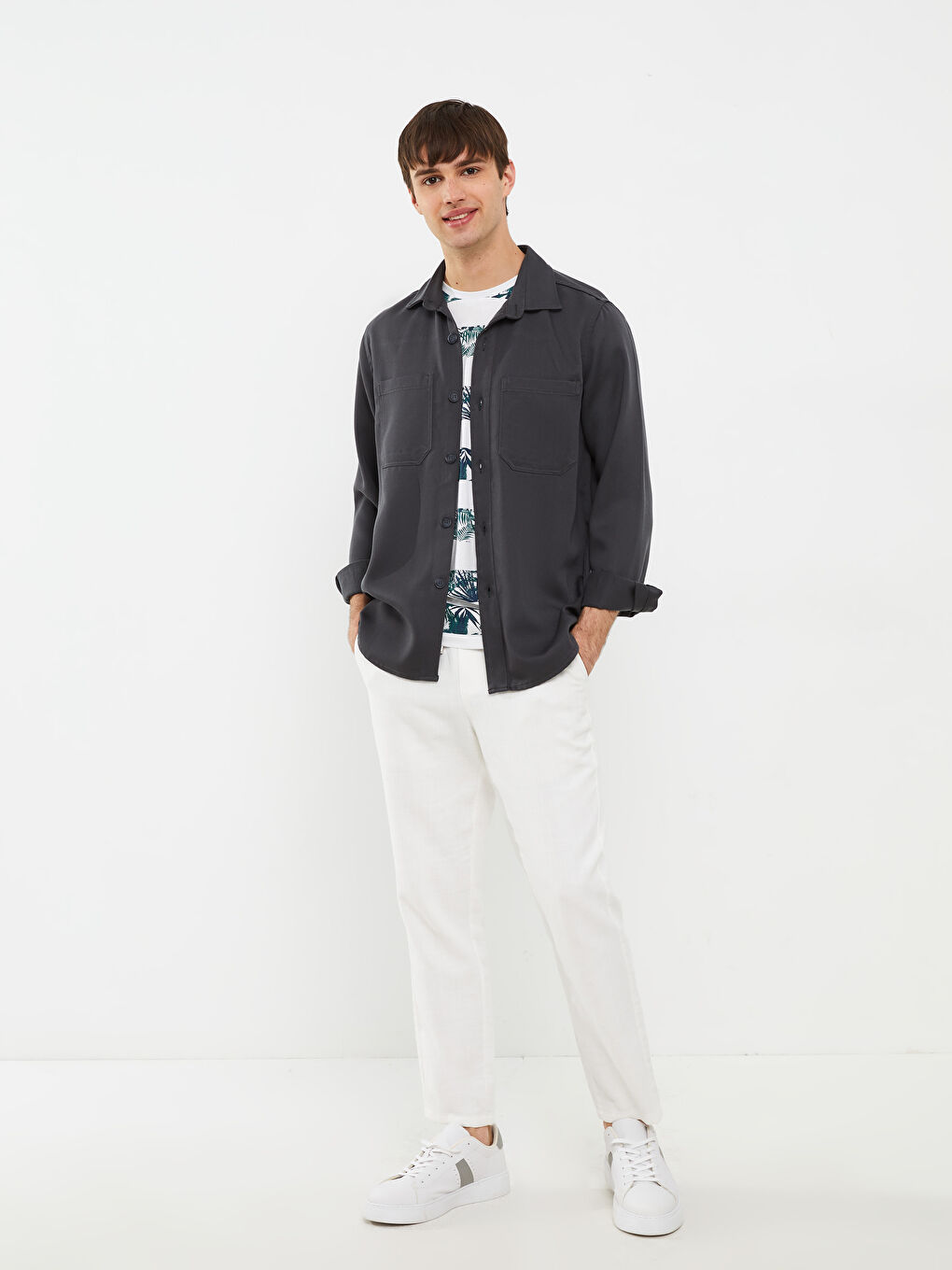 Gri Regular Fit Uzun Kollu Erkek Jean Gömlek