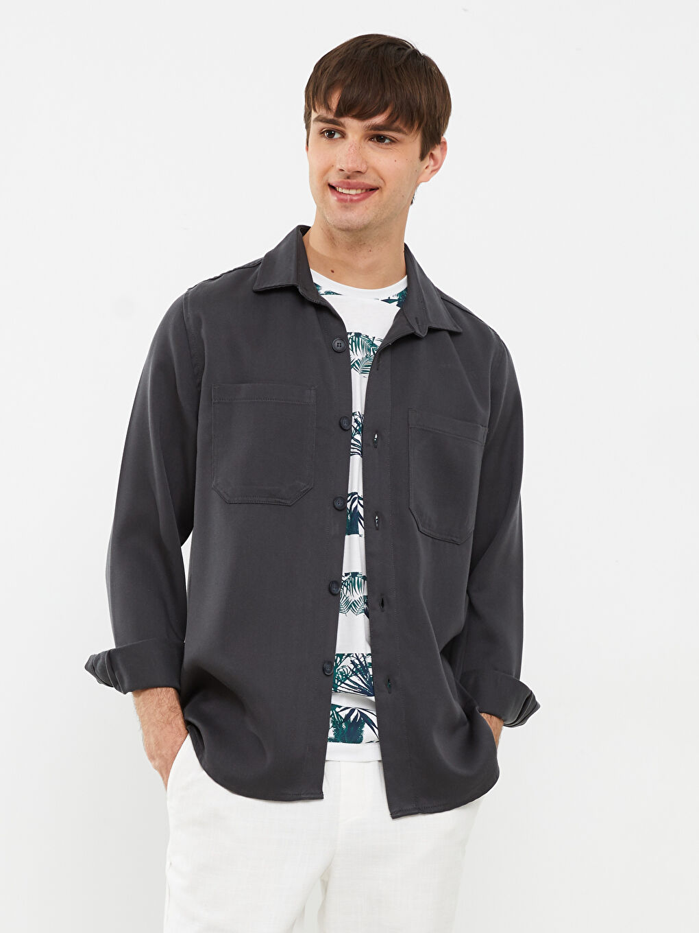 Gri Regular Fit Uzun Kollu Erkek Jean Gömlek-1