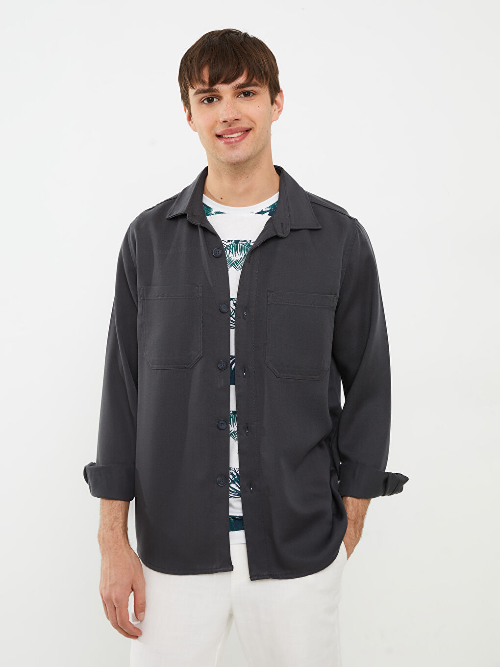 Gri Regular Fit Uzun Kollu Erkek Jean Gömlek-2