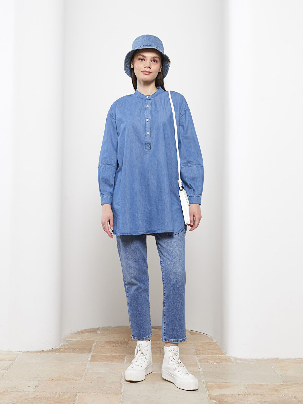 İndigo Hakim Yaka Düz Uzun Kollu Kadın Rodeo Jean Tunik