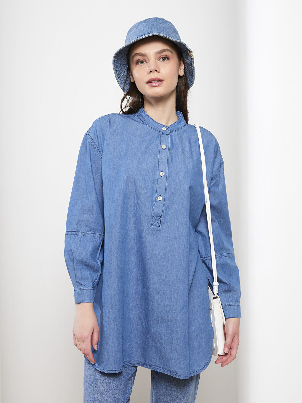 İndigo Hakim Yaka Düz Uzun Kollu Kadın Rodeo Jean Tunik-1