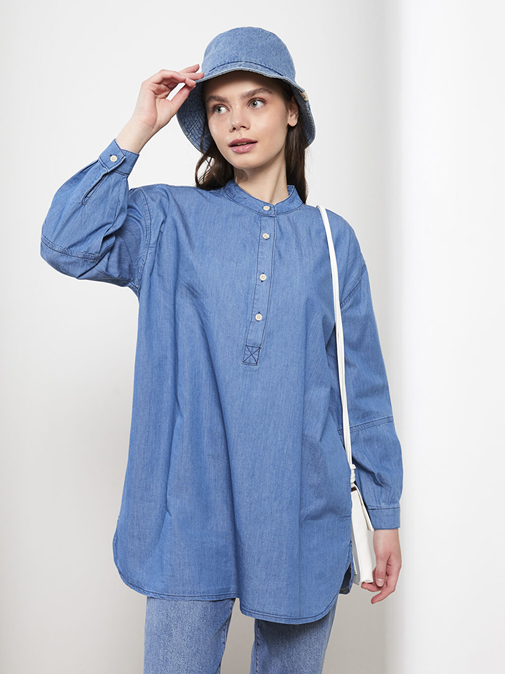 İndigo Hakim Yaka Düz Uzun Kollu Kadın Rodeo Jean Tunik-2