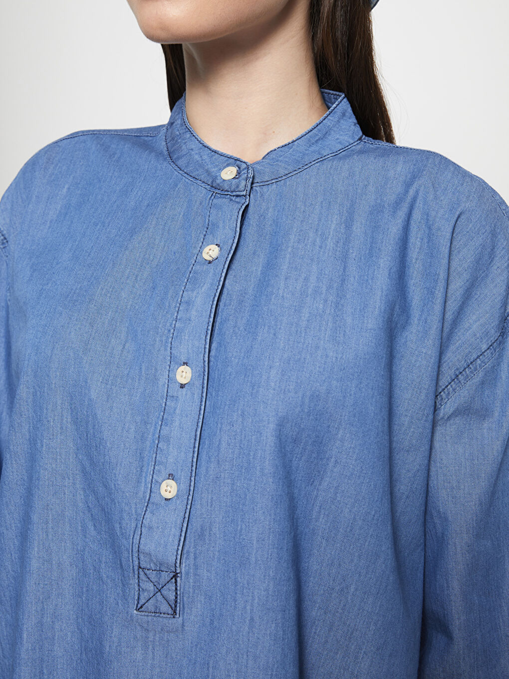 İndigo Hakim Yaka Düz Uzun Kollu Kadın Rodeo Jean Tunik-3