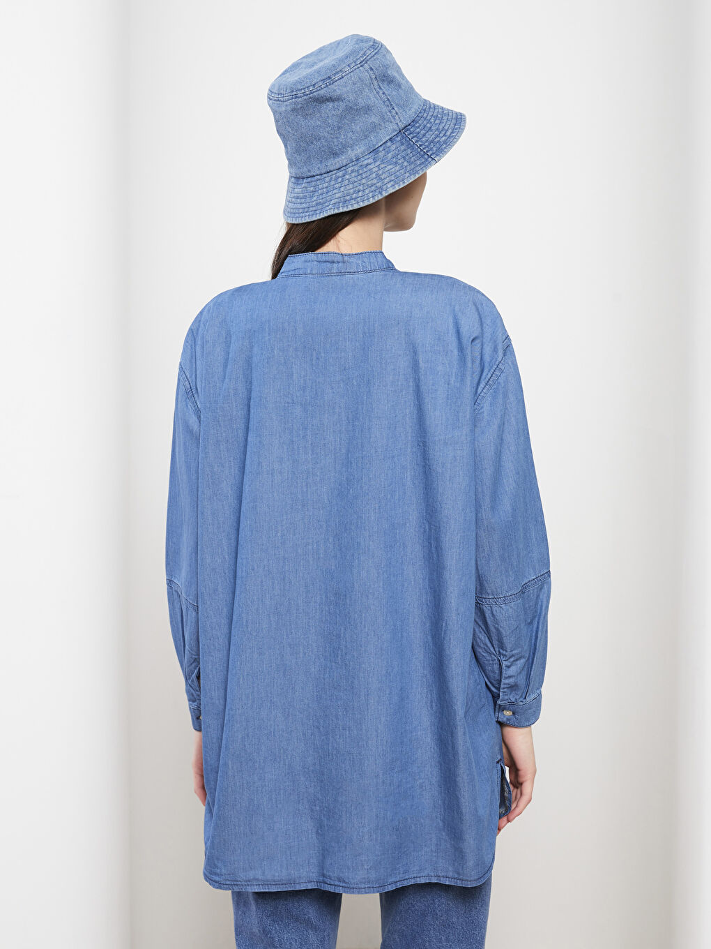 İndigo Hakim Yaka Düz Uzun Kollu Kadın Rodeo Jean Tunik-4