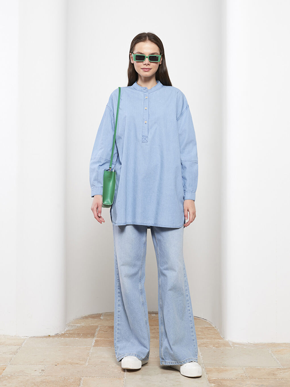 İndigo Hakim Yaka Düz Uzun Kollu Kadın Rodeo Jean Tunik