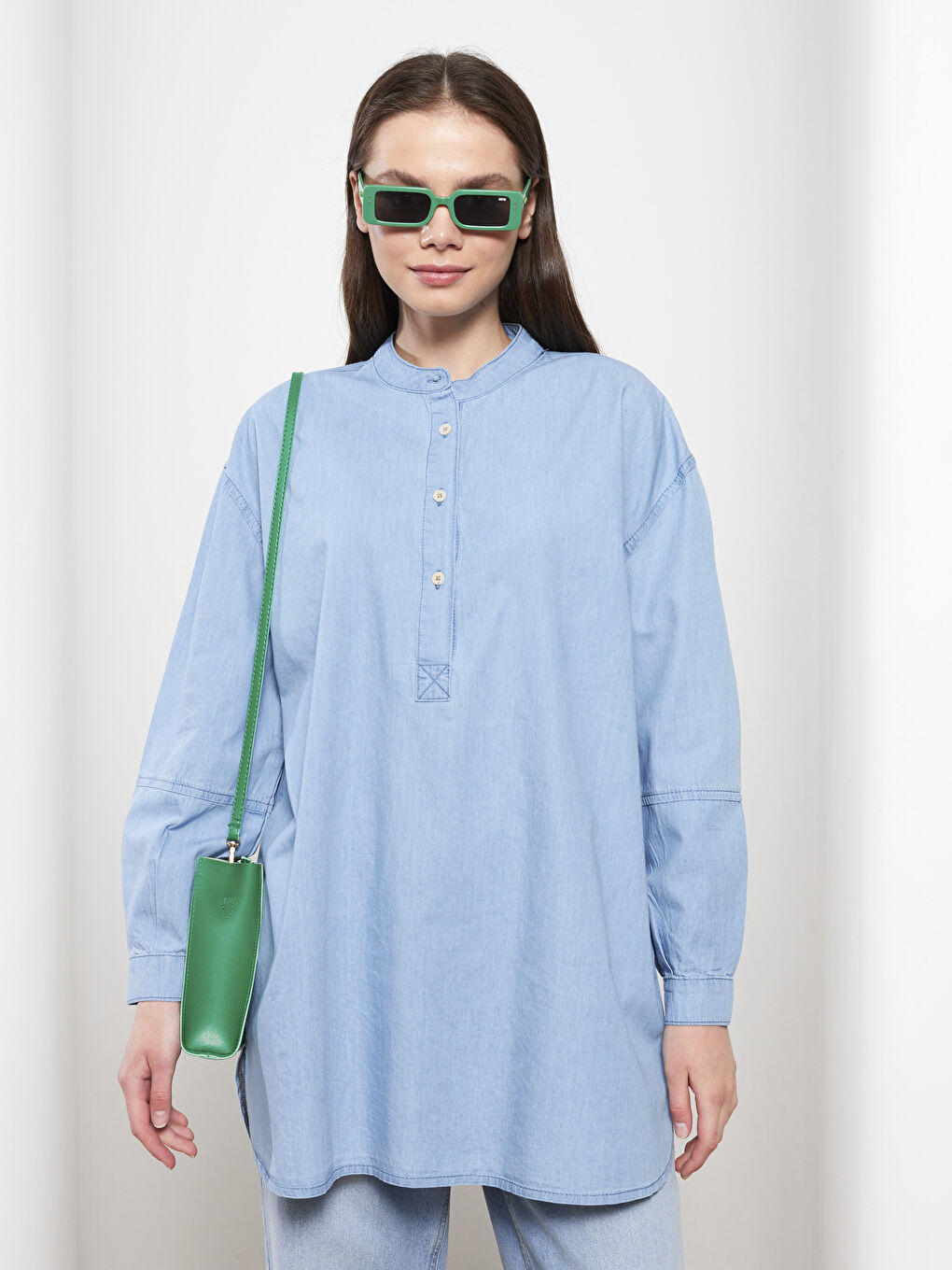 İndigo Hakim Yaka Düz Uzun Kollu Kadın Rodeo Jean Tunik-1