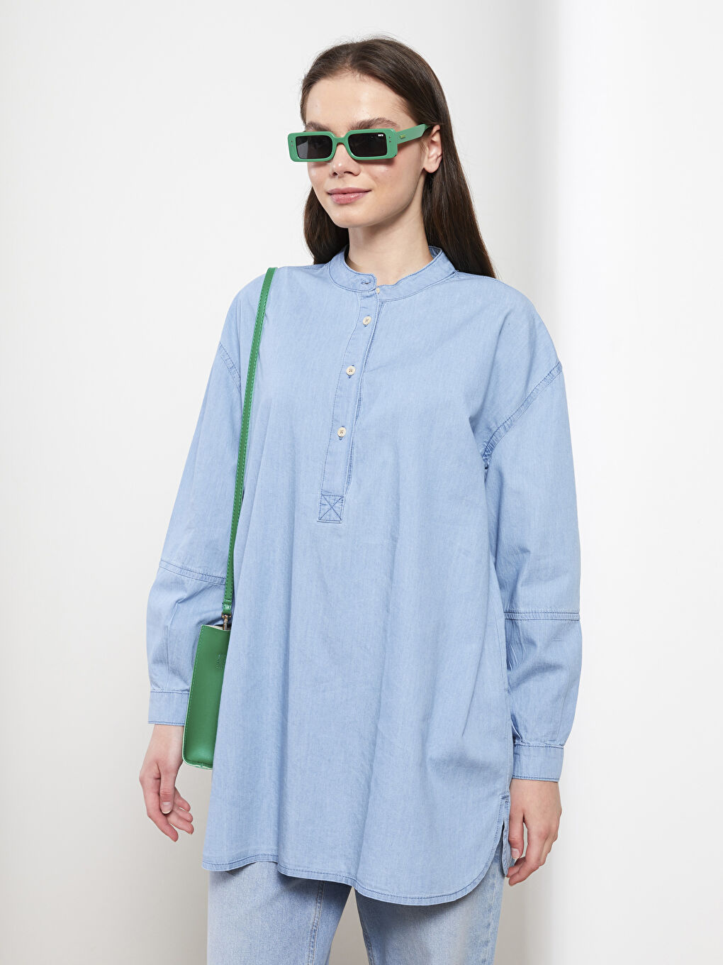 İndigo Hakim Yaka Düz Uzun Kollu Kadın Rodeo Jean Tunik-2