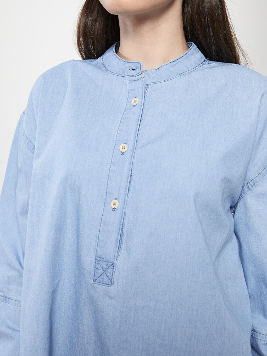 İndigo Hakim Yaka Düz Uzun Kollu Kadın Rodeo Jean Tunik-3