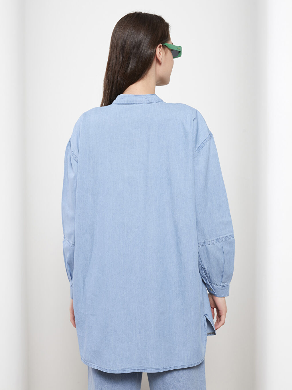 İndigo Hakim Yaka Düz Uzun Kollu Kadın Rodeo Jean Tunik-4