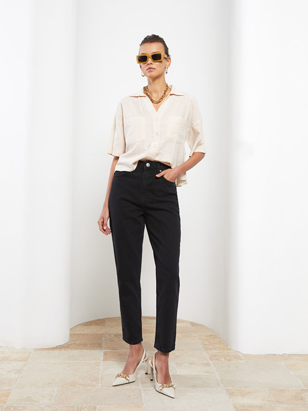 High Waisted Mom Fit Regular Pocket Detailed Women's Denim Trousers