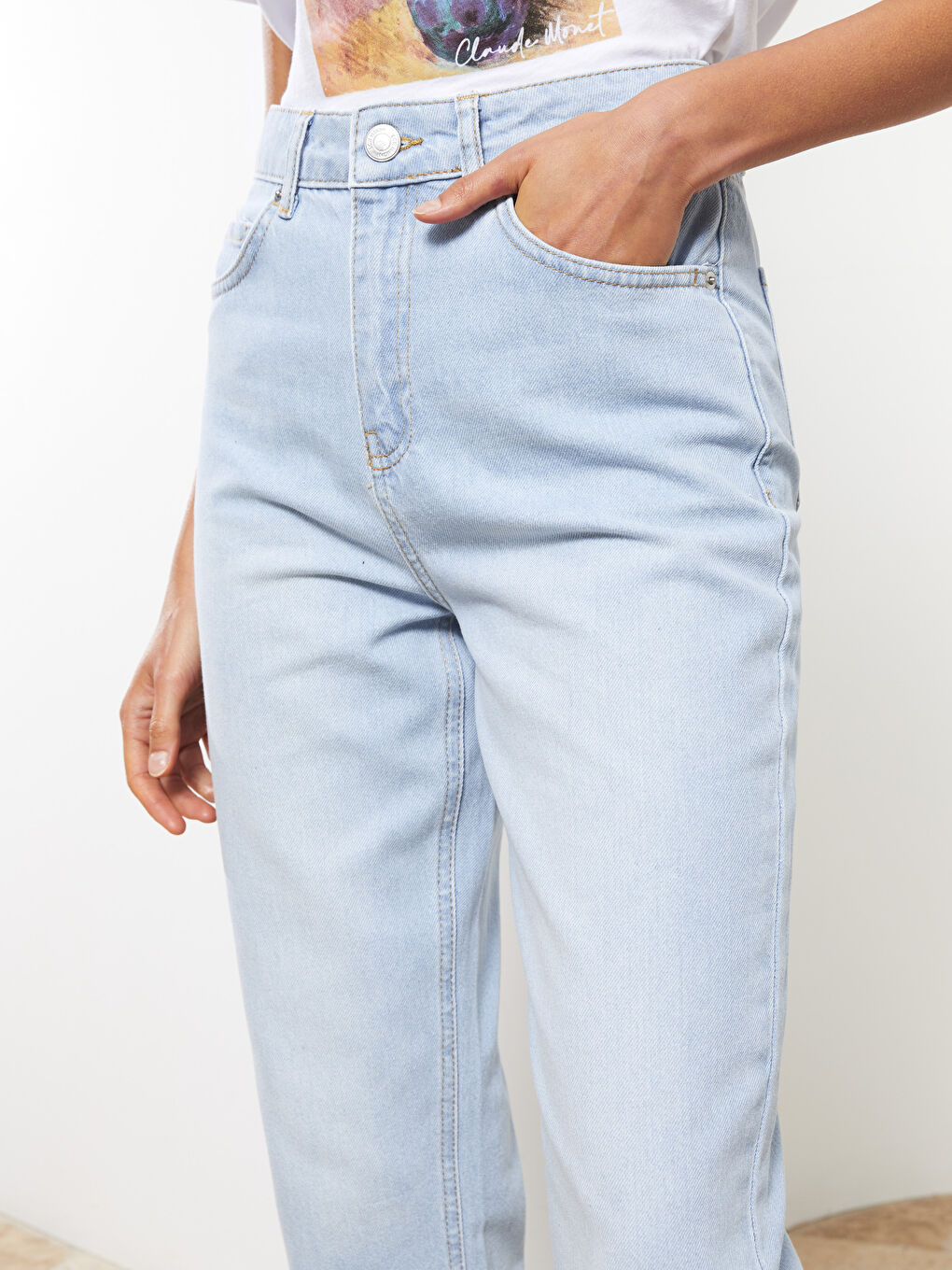 İndigo Yüksek Bel Standart Fit Cep Detaylı Kadın Rodeo Jean Pantolon-3