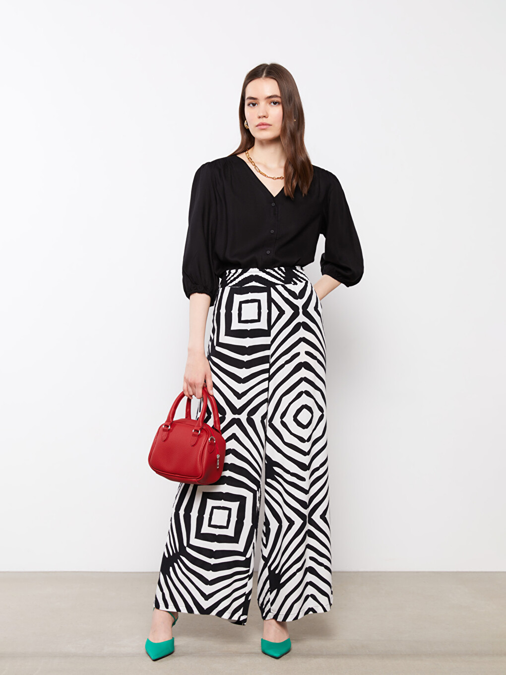 Elastic Waist Patterned Crinkle Women's Trousers