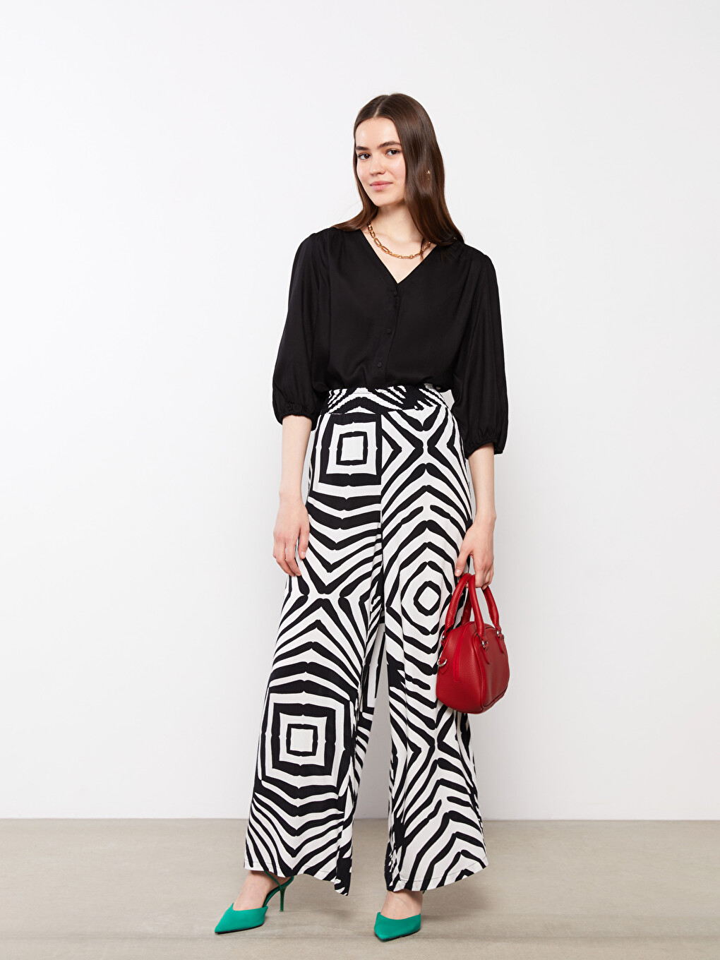 Elastic Waist Patterned Crinkle Women's Trousers-1