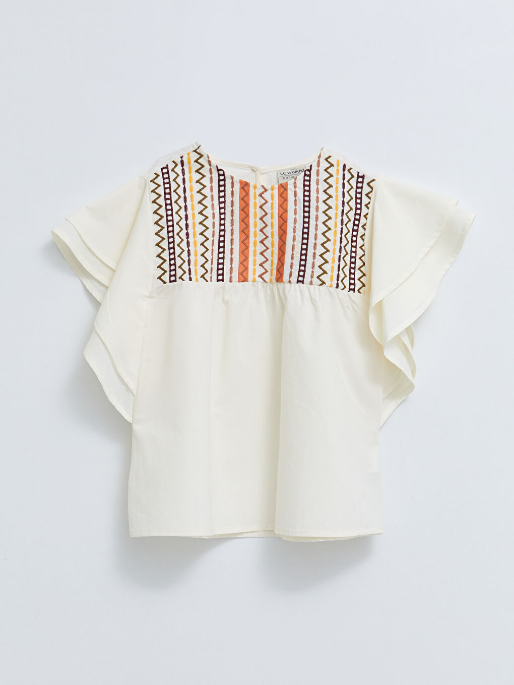 Crew Neck Embroidered Short Sleeve Cotton Girls' Blouse