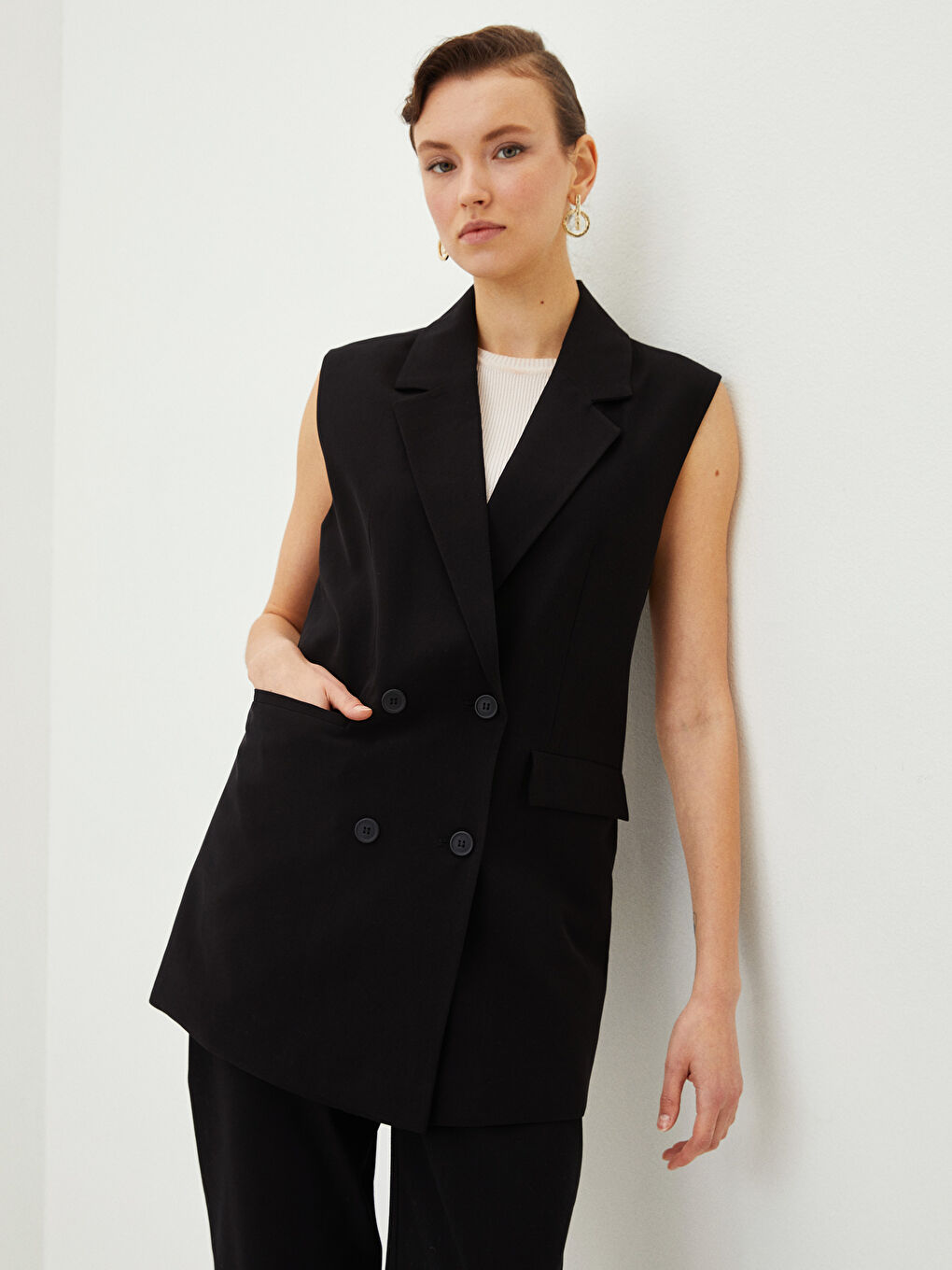 Siyah Kadın Ceket Yaka Düz Klasik Yelek