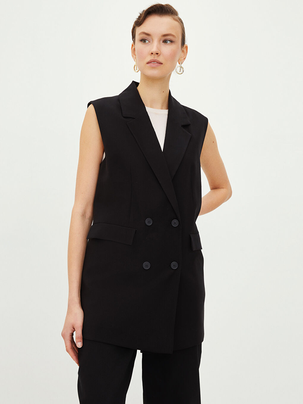 Siyah Kadın Ceket Yaka Düz Klasik Yelek-1