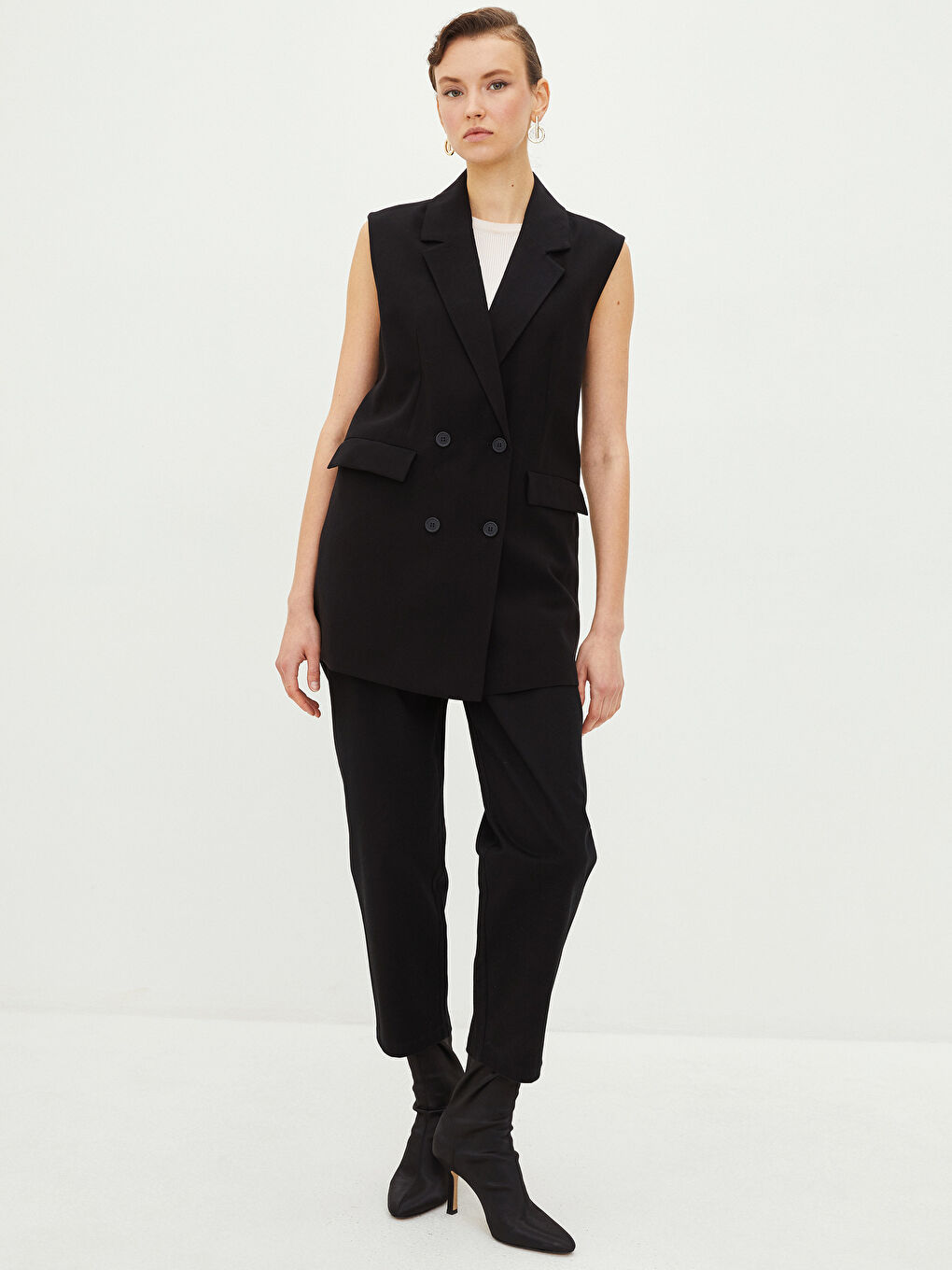 Siyah Kadın Ceket Yaka Düz Klasik Yelek-2