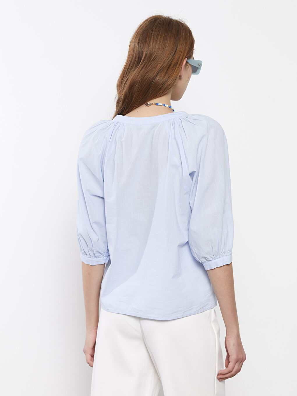 Henley Neckline Poplin Women's Blouse-3