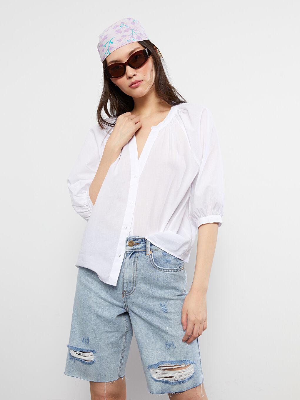 Henley Neckline Poplin Women's Blouse-1