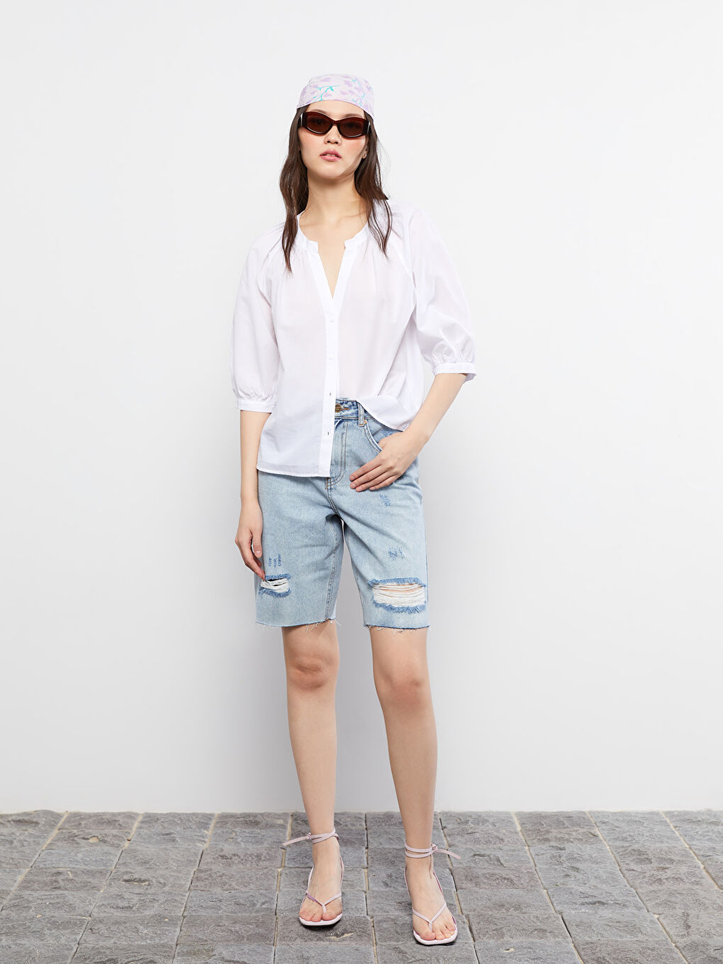 Henley Neckline Poplin Women's Blouse-2