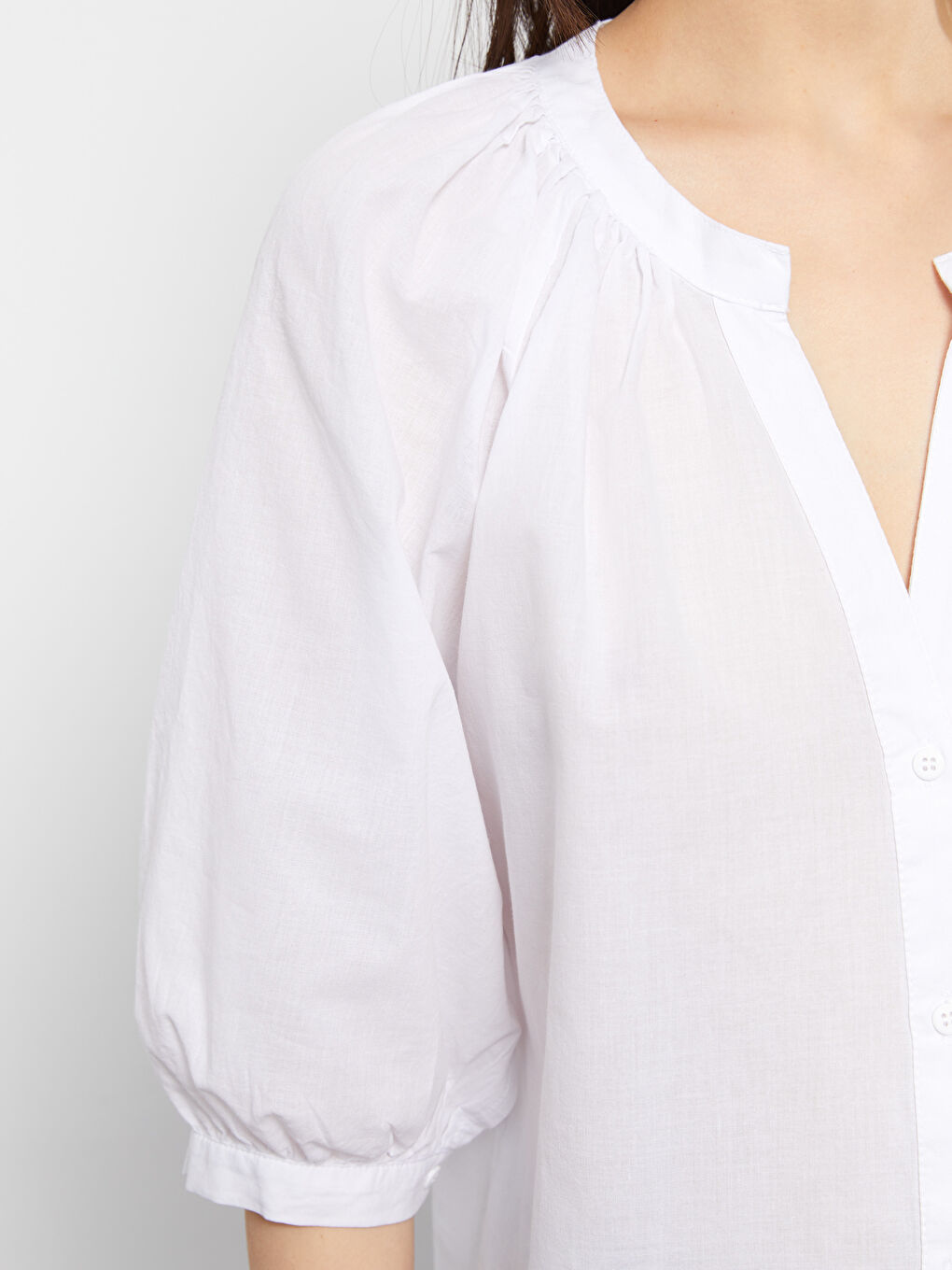 Henley Neckline Poplin Women's Blouse-3