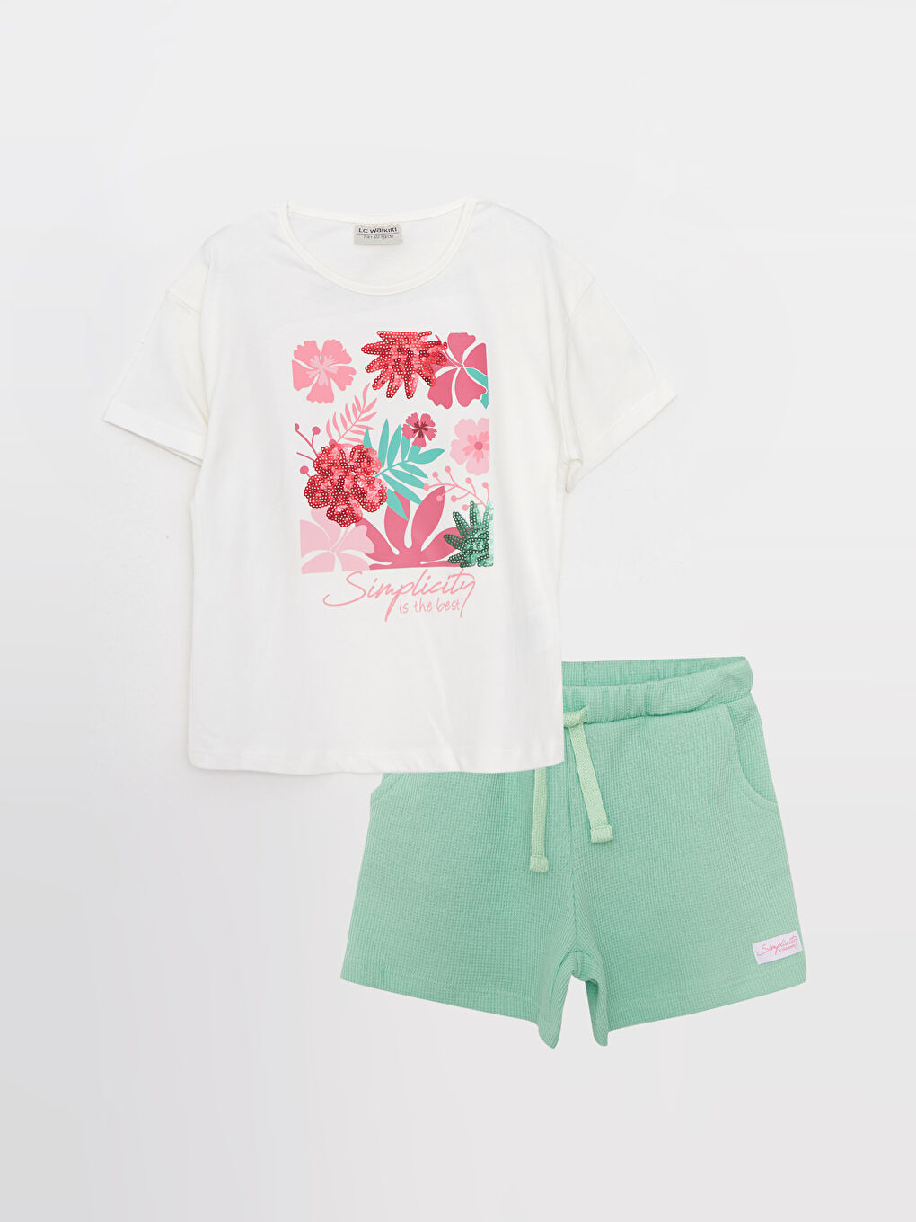 Crew Neck Printed Short Sleeve Girls' T-Shirt and Shorts