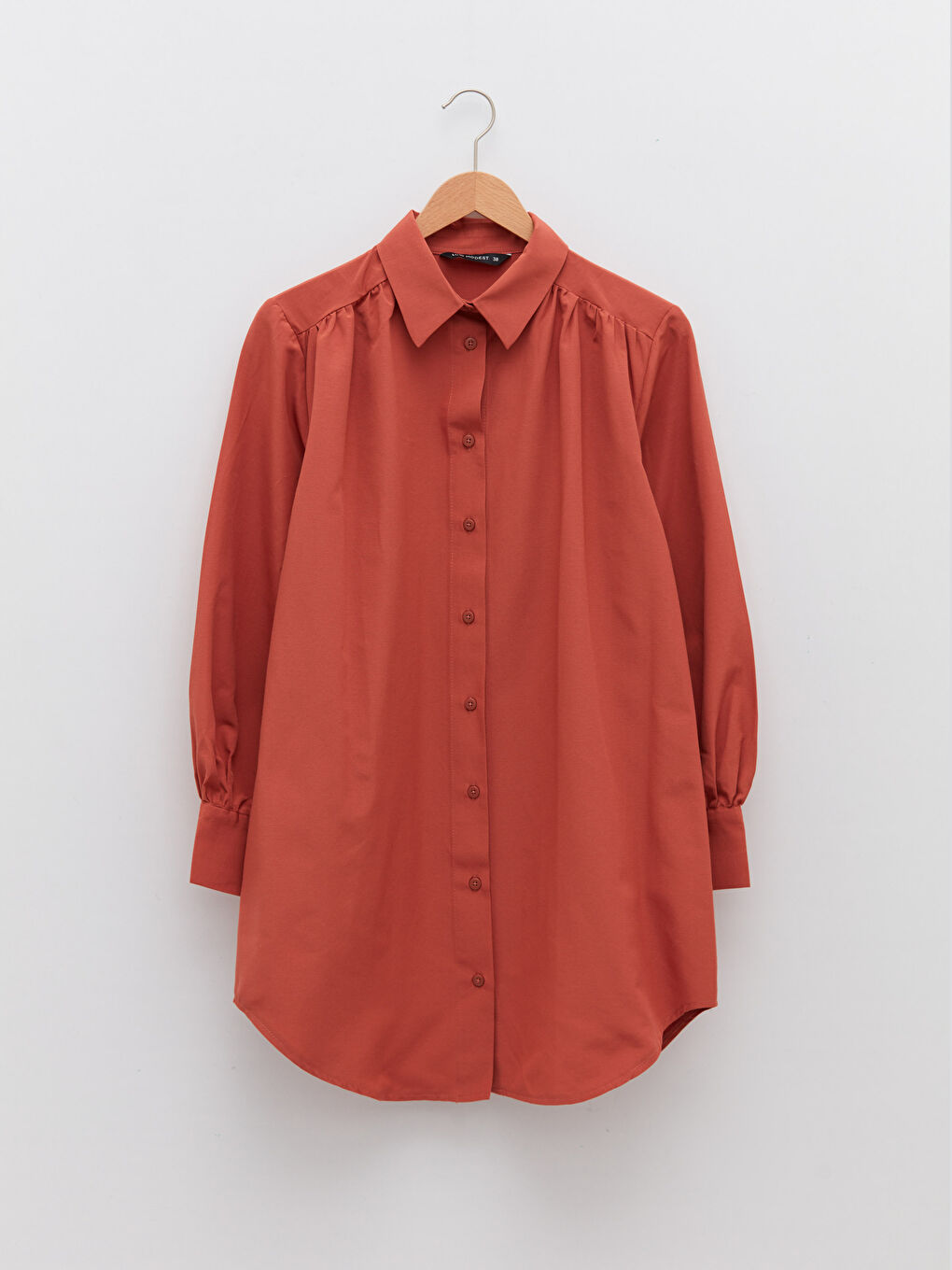 Kahverengi Düz Uzun Kollu Oversize Poplin Kadın Gömlek Tunik-4