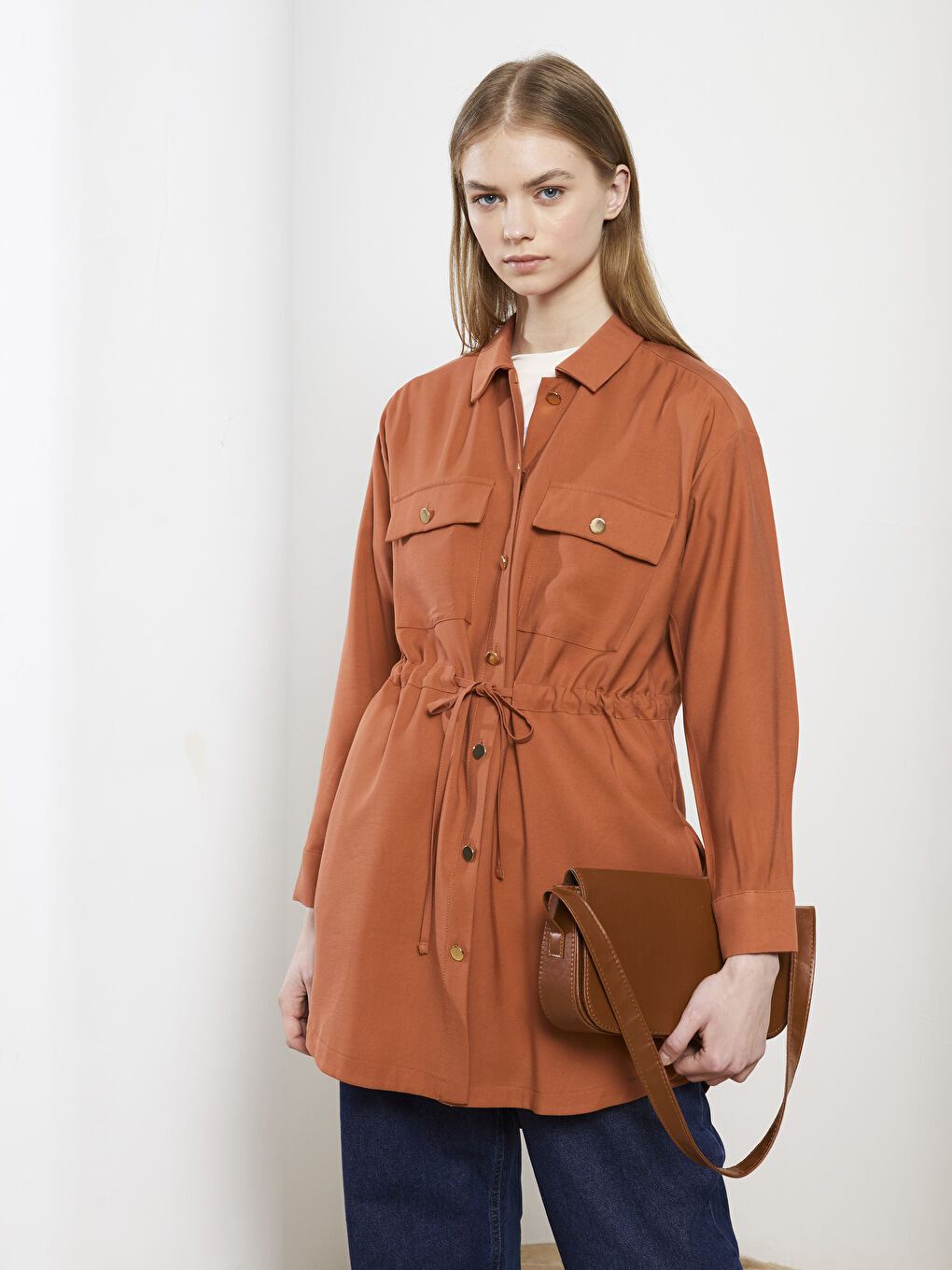 قميص تونيك سادة كم طويل واسع للسيدات-1