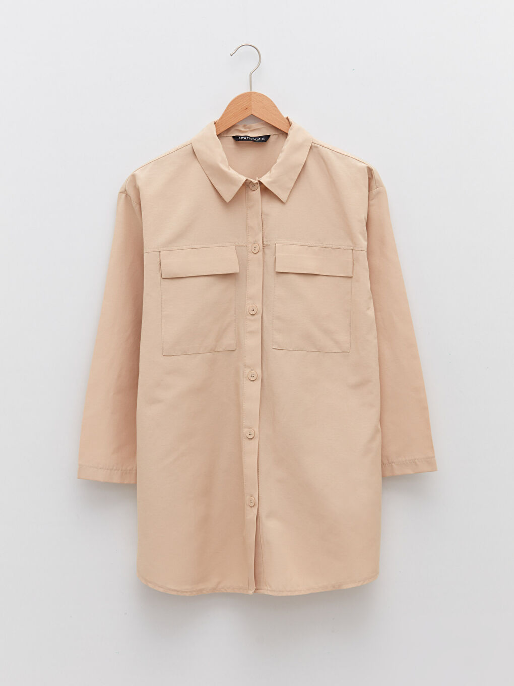 Bej Düz Poplin Kadın Gömlek Tunik-5