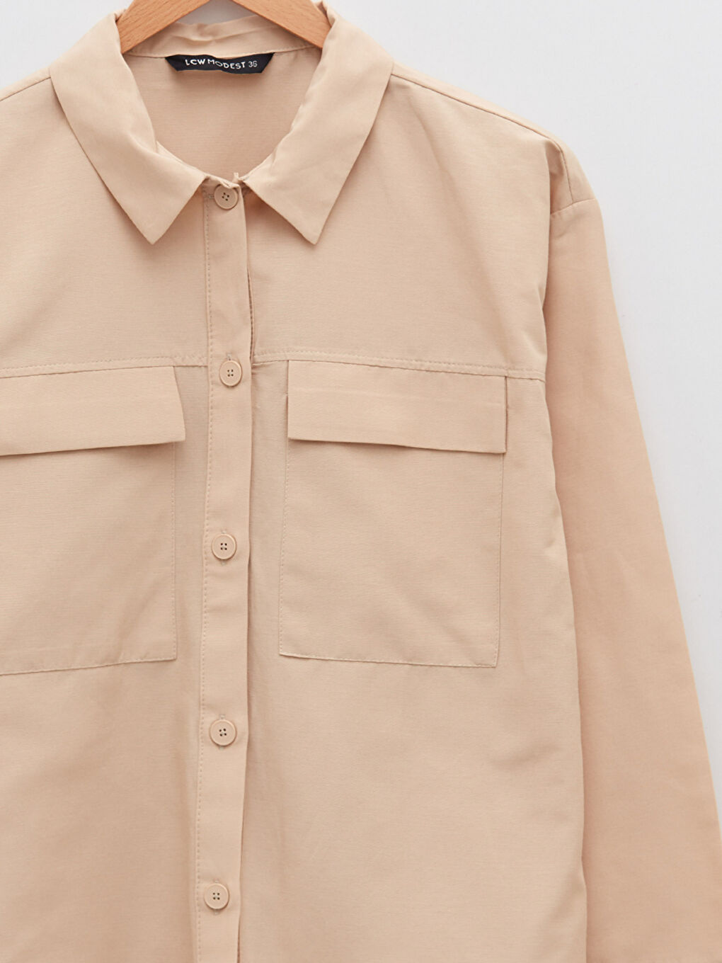 Bej Düz Poplin Kadın Gömlek Tunik-7